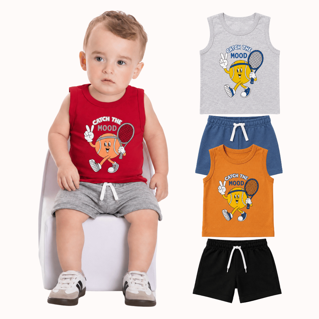Conjunto Bebê Menino Regata Estampada e Bermuda Moletinho Esportiva 3 a 12 Meses