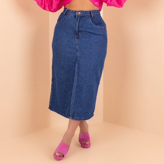 Saia Jeans Feminina Midi Plus Size Tendência Abertura Fenda