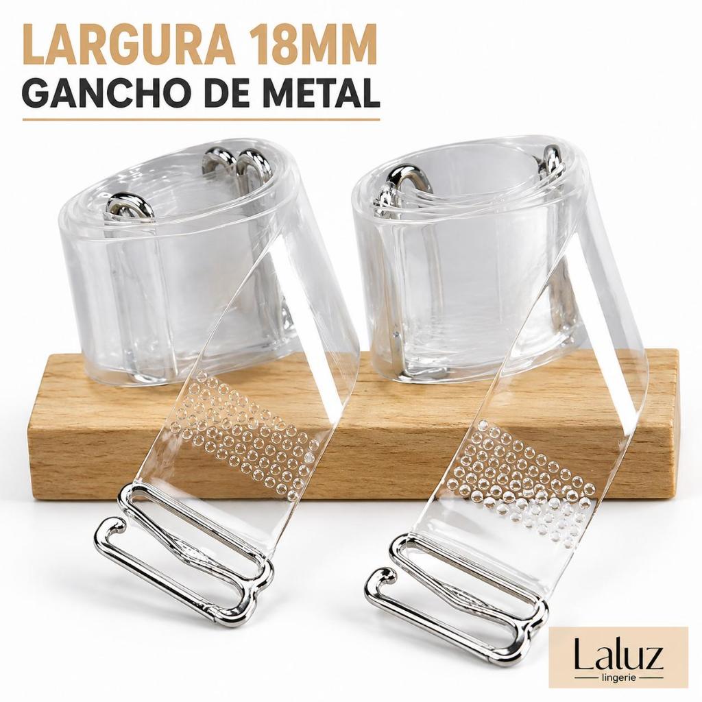 Kit 2 Pares Alças de Silicone Transparente p/ Sutiã Removível 18mm Plus Size com Gancho Inox