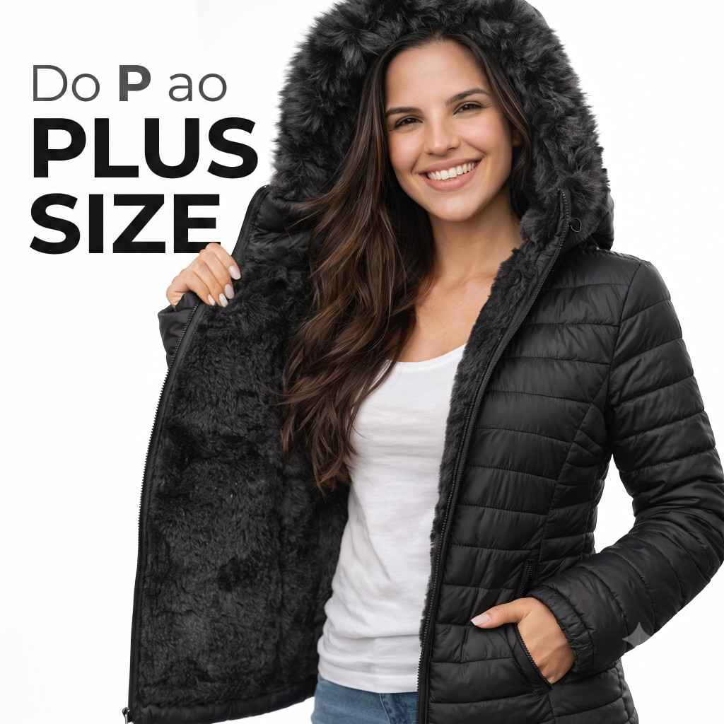 Jaqueta Bobojaco Feminina Peluciada Puffer Forrada Original Capuz Removível Casaco de Frio Inverno Gominho Plus Size