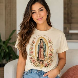 Camiseta Nossa Senhora de Guadalupe Conforto Tendência Católica 2026 100% Algodão Presente Religioso Casual Lançamento E