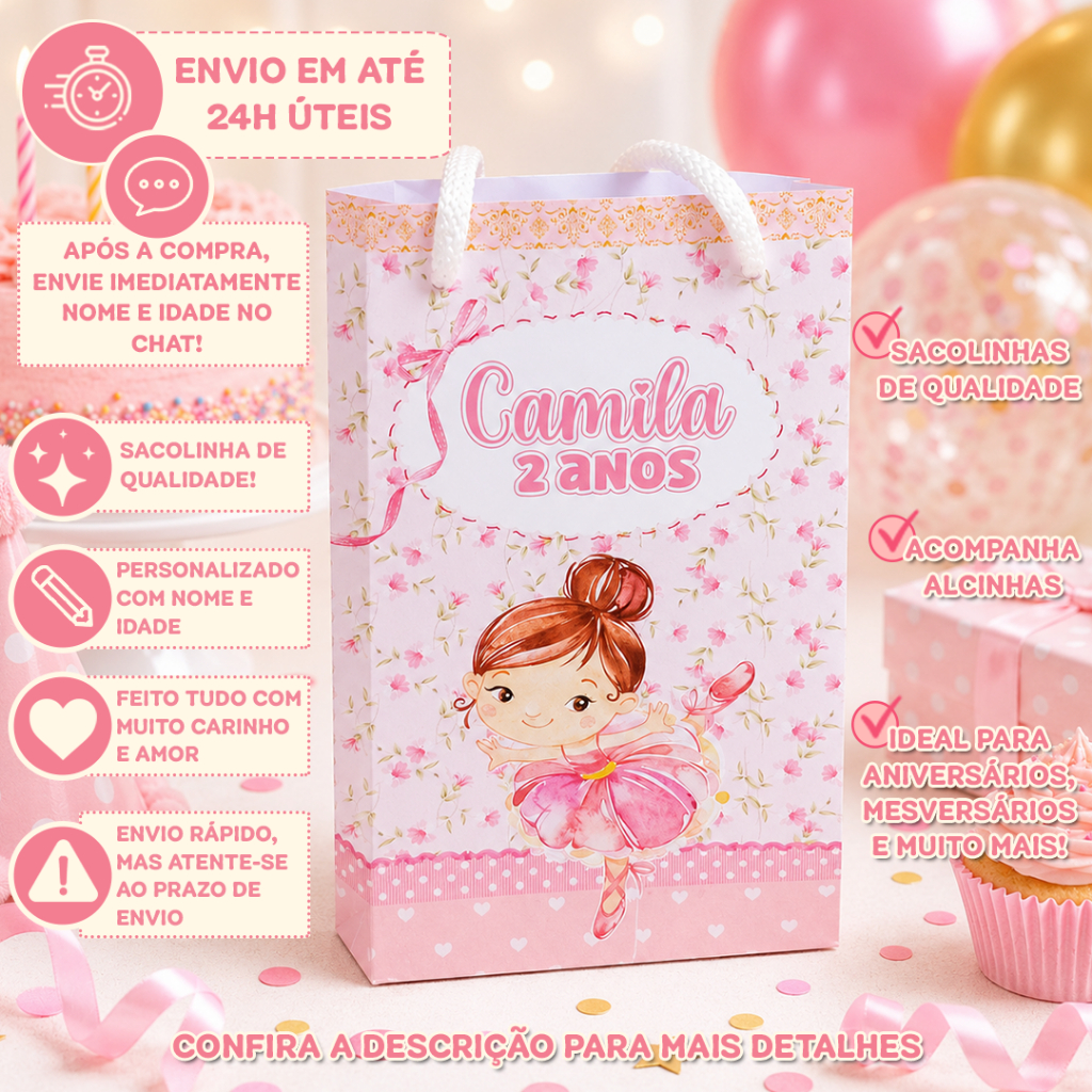 Sacolinhas Surpresa Personalizada P | Bailarina | PEGU E MONTE | Lembrancinha Festa Infantil