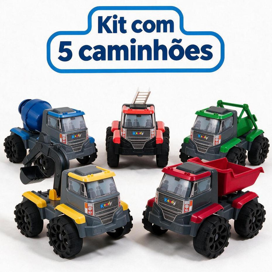 Kit com 5 Caminhões de Construção Infantil Grandes 28cm | Peças Móveis Carrinhos