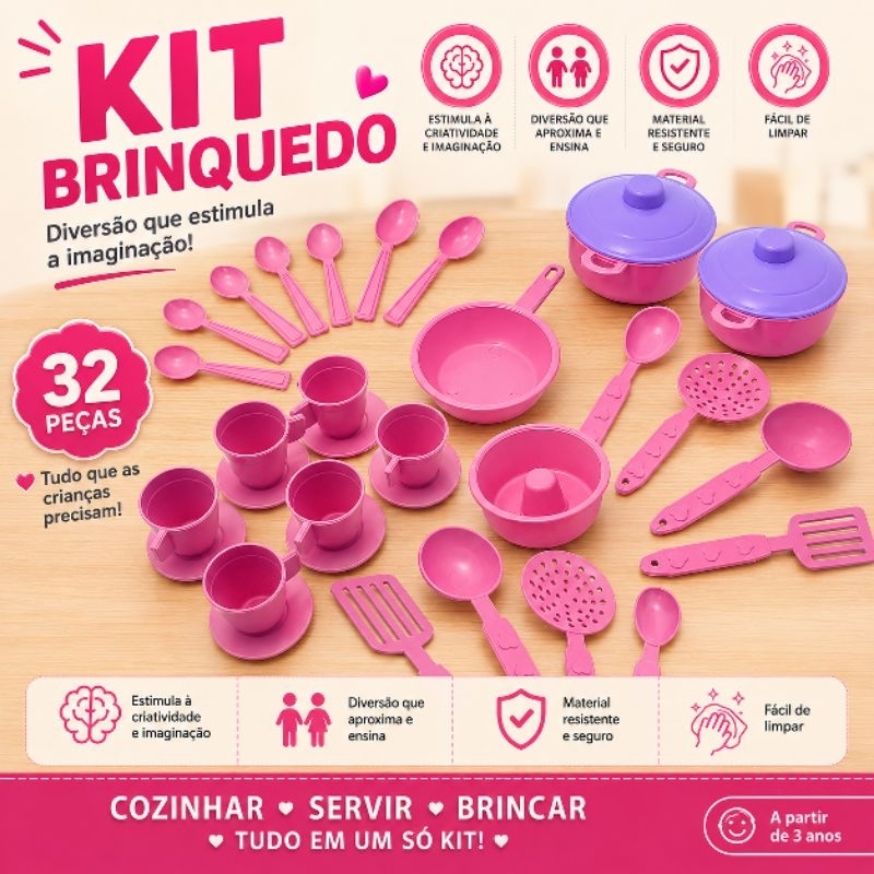 Kit Brinquedo 1 Sonho de Cozinha + 1 Hora do Café + 1 Minha Cozinha Panelinha Pires Colheres Colher