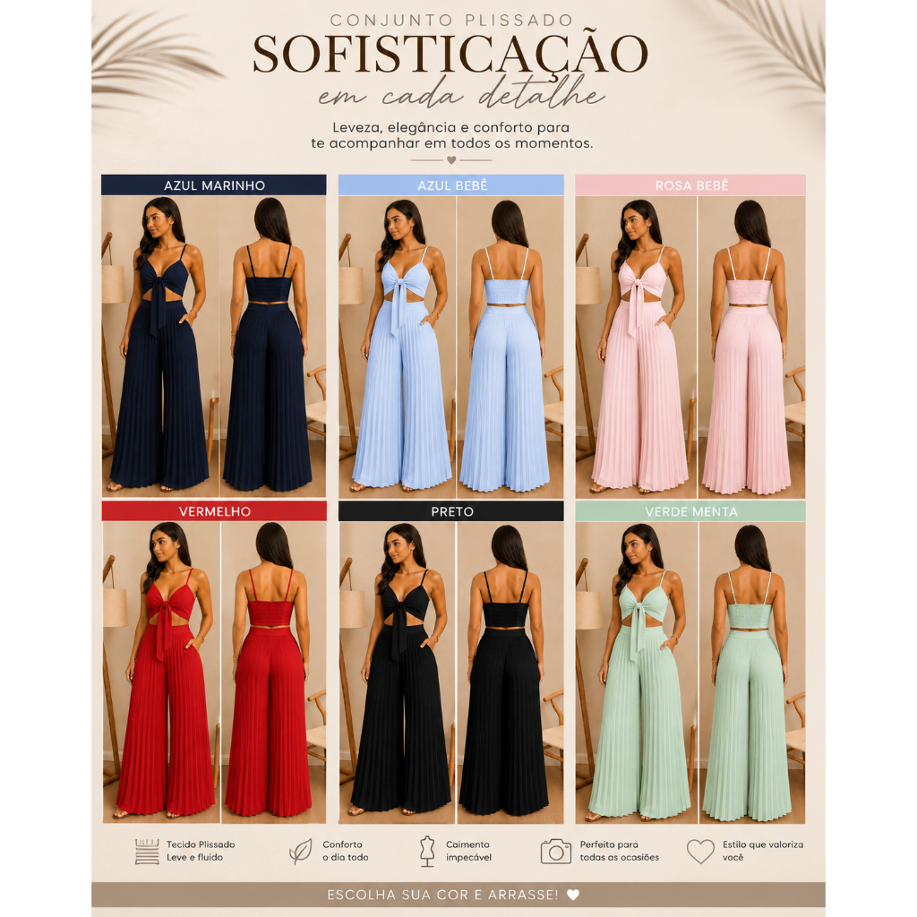 Conjunto Feminino Pantalona Plissada + Cropped com Amarração – Estilo e Sofisticação em um Look Único elegante