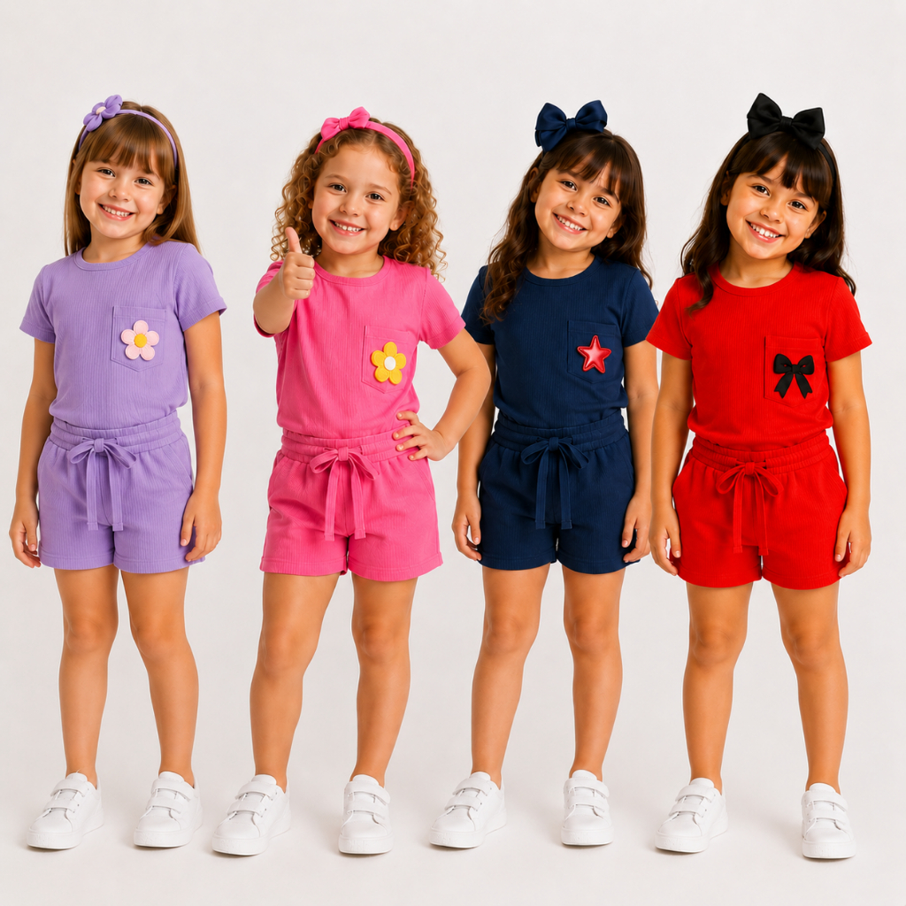 Conjunto Verão Infantil Canelado Feminino Blusa Com Bolso e Short Tamanho 4 ao 8 Confortável Menina