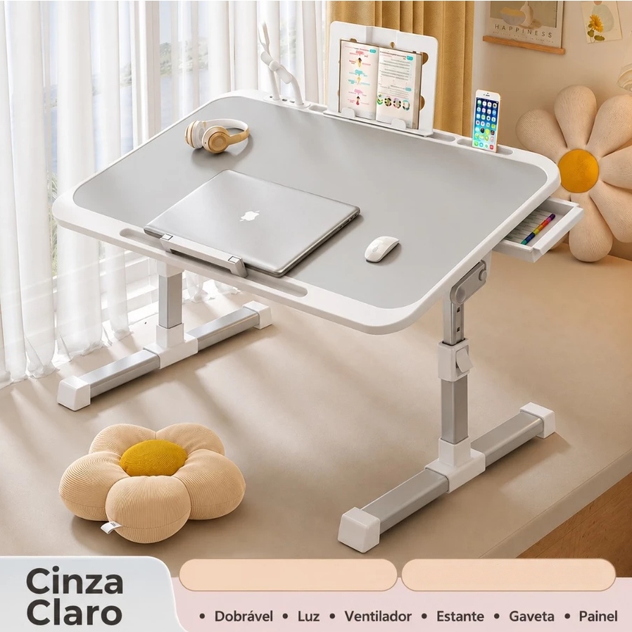 Mesa Dobrável para Notebook com Altura Ajustável, Ventilador, Gaveta e Luz LED – Portátil 2 em 1