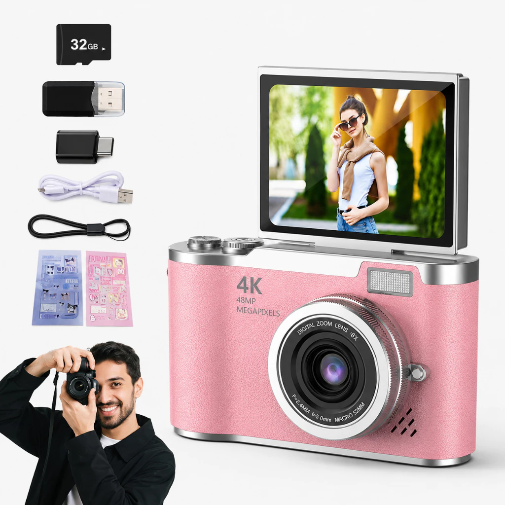 Câmera CCD Profissional 48MP Zoom 8x Gravação 4K Tela Flip para Selfies e Conteúdo Estudantil