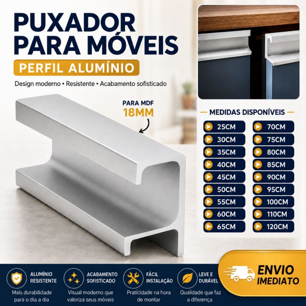 Puxador Perfil De Alumínio Anodizado Para Móveis 18mm Cozinha Gaveta Armário Vários Tamanhos