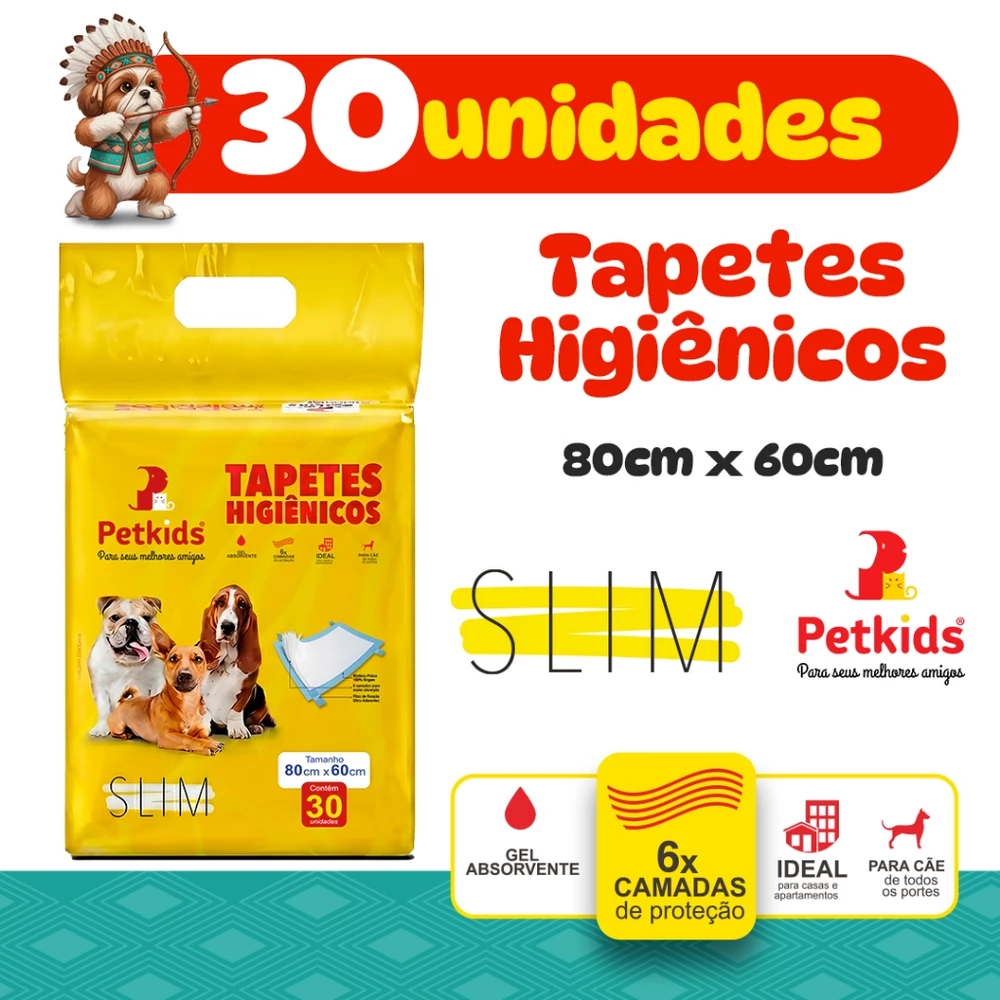PETKIDS, Tapete Higiênico Slim 80X60, 30unidades, Gel Absorvente, Anti Vazamento, Livre de Odores