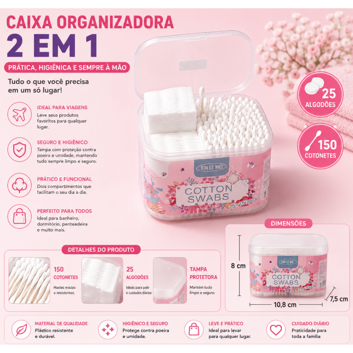 Kit Cotonetes e Algodão com Porta Organizador 150 Cotonetes + 25 Algodões