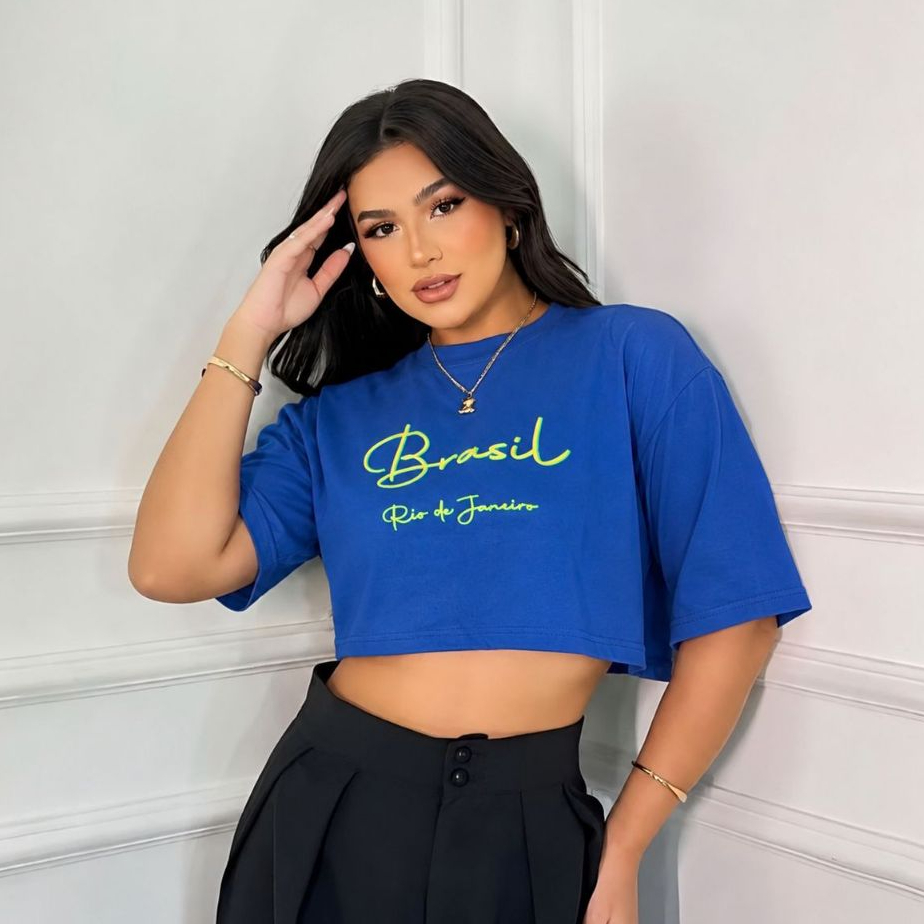 Cropped T-Shirt Oversized Feminino Brasil Manga Solta Streetwear
