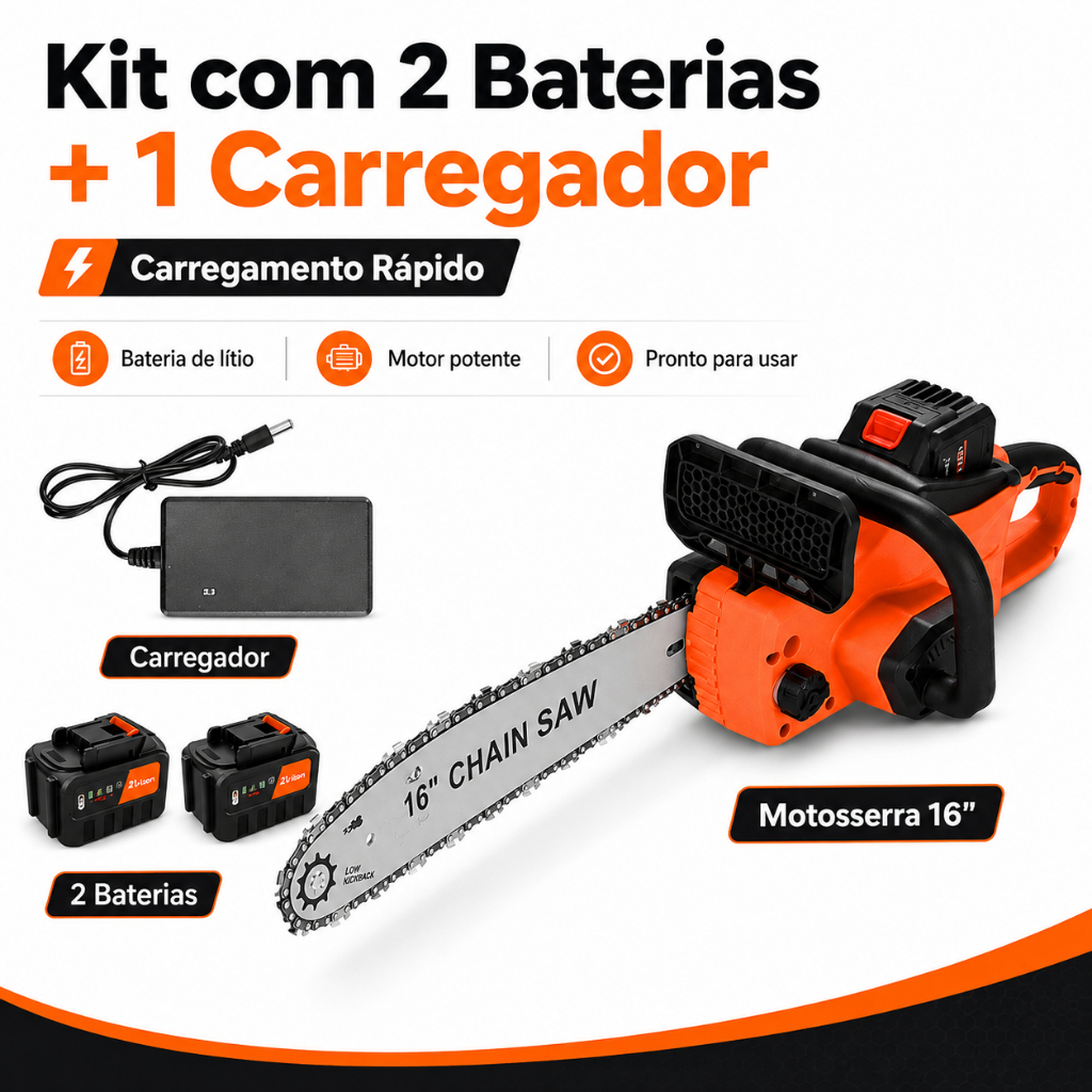 Motosserra Elétrica Sem Fio 16 Polegadas 21V Brushless com Bateria Bivolt para Poda Corte de Lenha Jardim