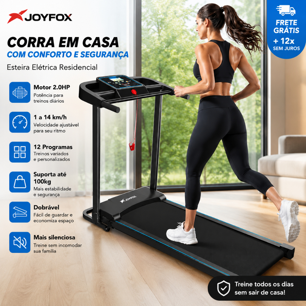 Esteira Elétrica Residencial Dobrável 2.0HP 1-10km/h com Display LCD 24 Programas Plugue Brasil