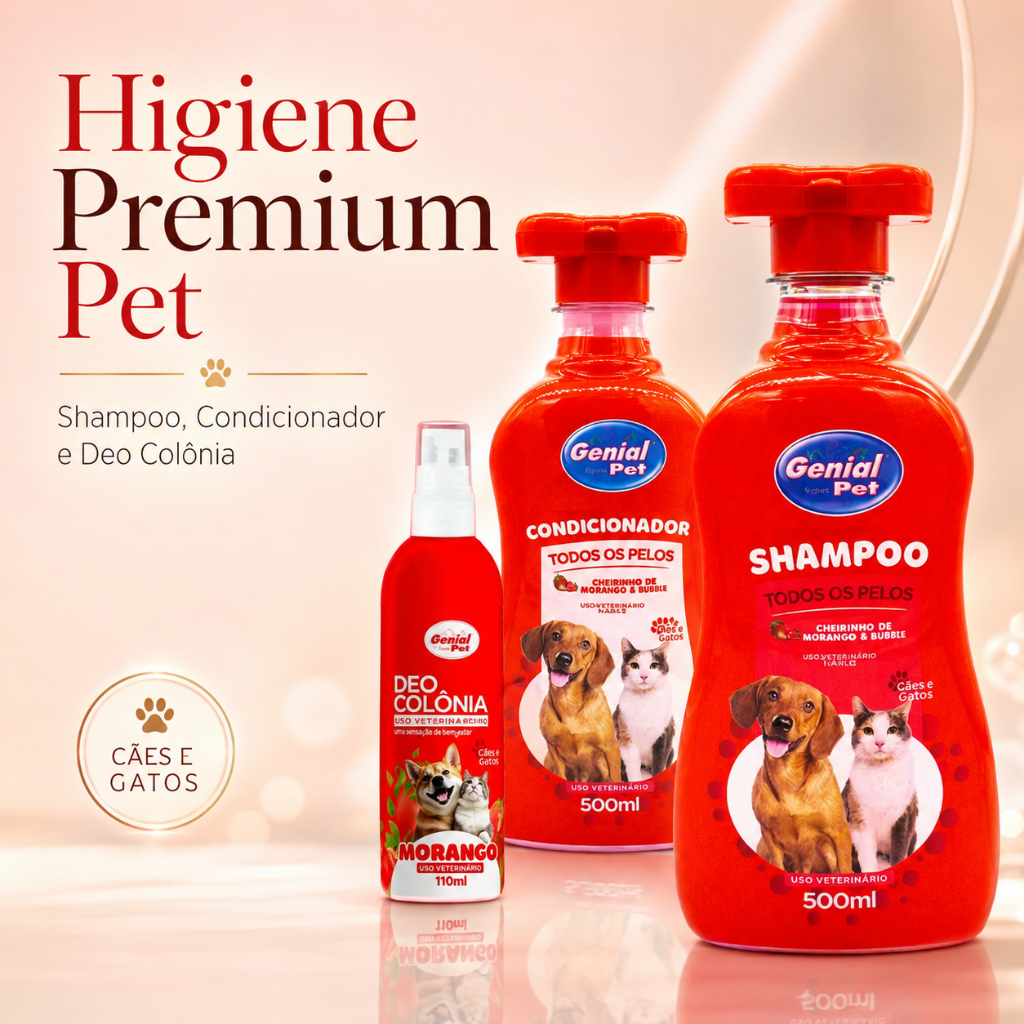 Kit Shampoo Neutro+ Condicionador Neutro + Deo Colônia Perfume Morango e Buriti Cachorro E Gatos