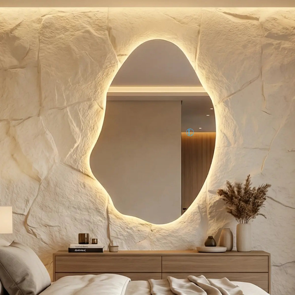 Imagem Espelho Orgânico Lopazzi Grande com 3 Tonalidades de LED 70x50cm com Touch Quente Neutro e Frio para Decoração de Luxo