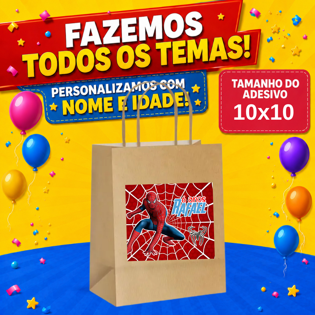 RÓTULO ADESIVO PERSONALIZADO 10X10 PARA SACOLINHA HOMEM ARANHA - FAZEMOS QUALQUER TEMA - LEMBRANCINHA SACOLA