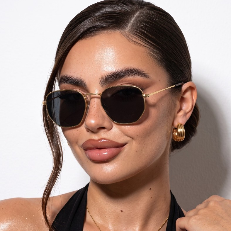 Oculos de Sol Hexagonal Metal Premium Dourado Original Classico Vintage Fino uv4