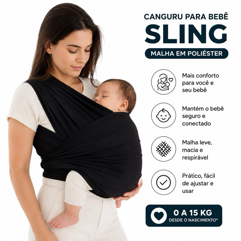 Sling Canguru Bebê Wrap 5 metros RN até 15 KG Poliéster Preto