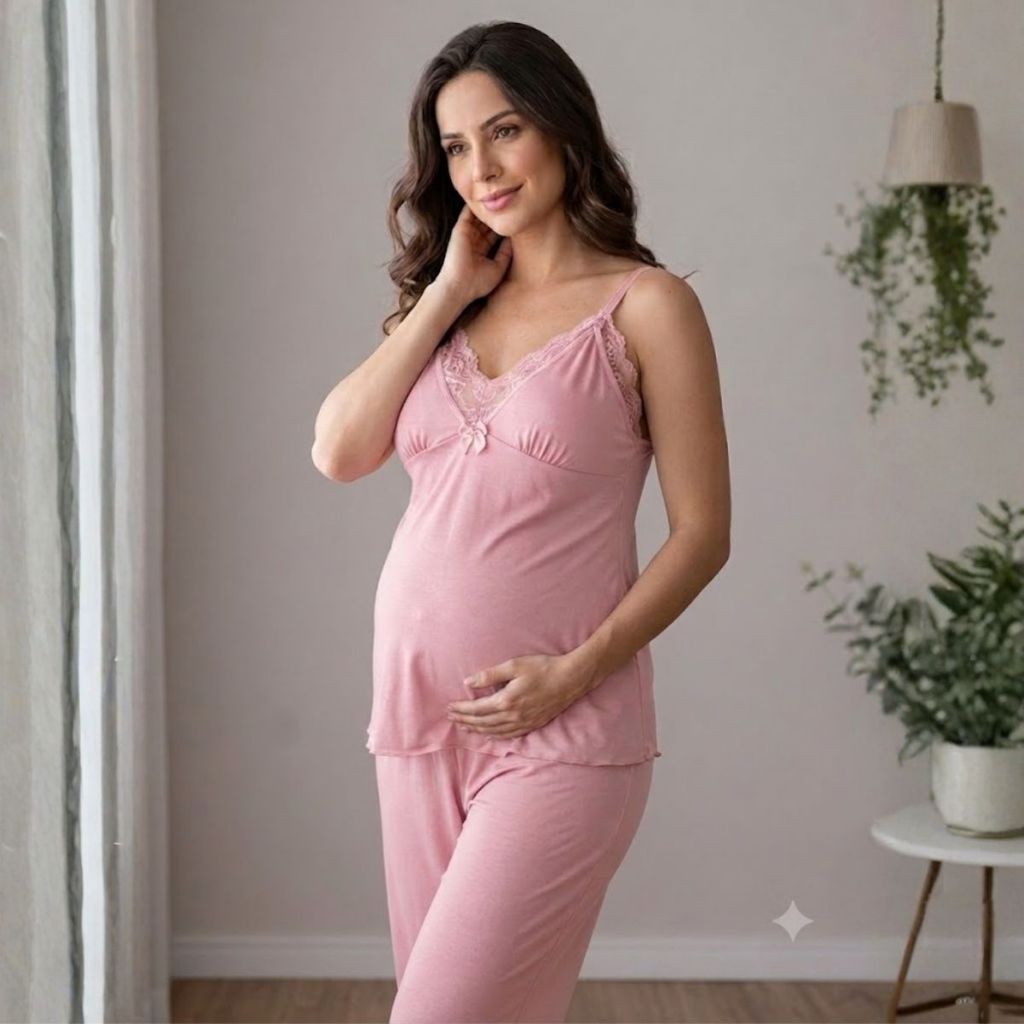 Conjunto de Pijama Amamentação Calça Longa e Blusa com TOP RENDA para Gestante e Maternidade.