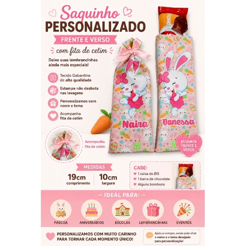 Kit 10 Saquinhos Personalizados Atacado Lembrancinha Aniversário Infantil Batizado Maternidade Páscoa Chocolate
