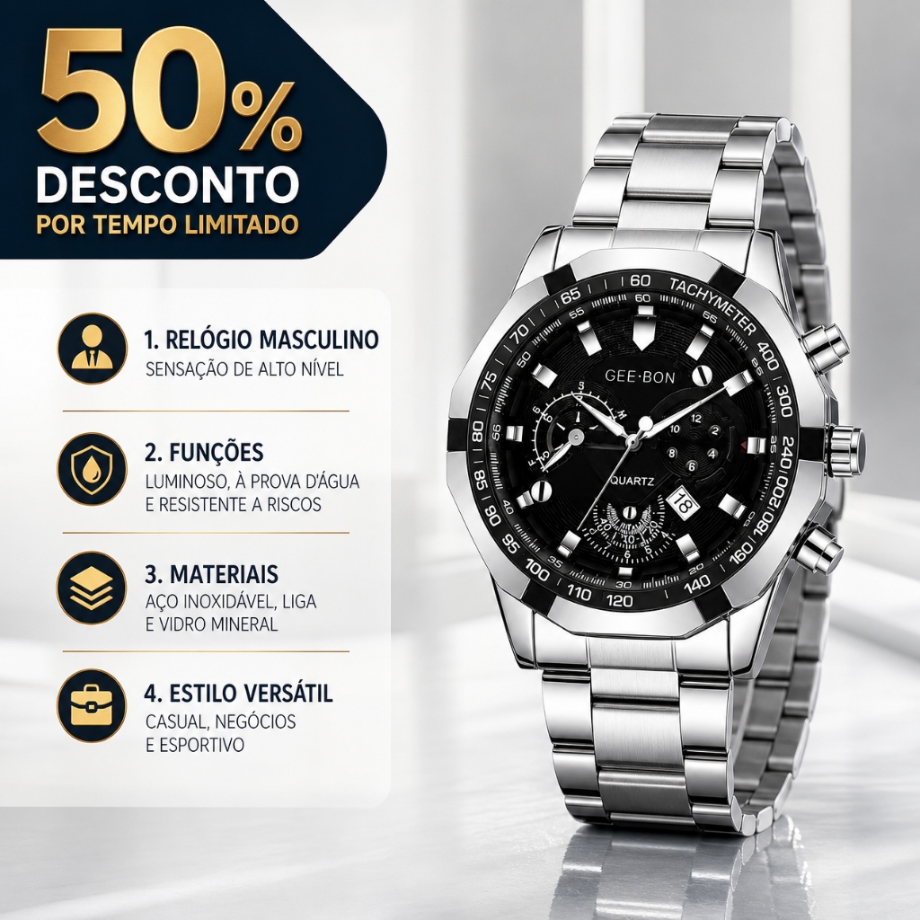 GEE·BON Masculino Aço Inoxidável – À Prova d'Água, Quartzo Automático,Luxo, Elegante,Premium