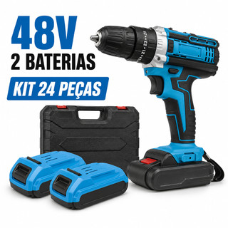 Furadeira Parafusadeira de Impacto 48V Sem Fio 2 Baterias Kit 24 Peças Maleta Plástica Do…