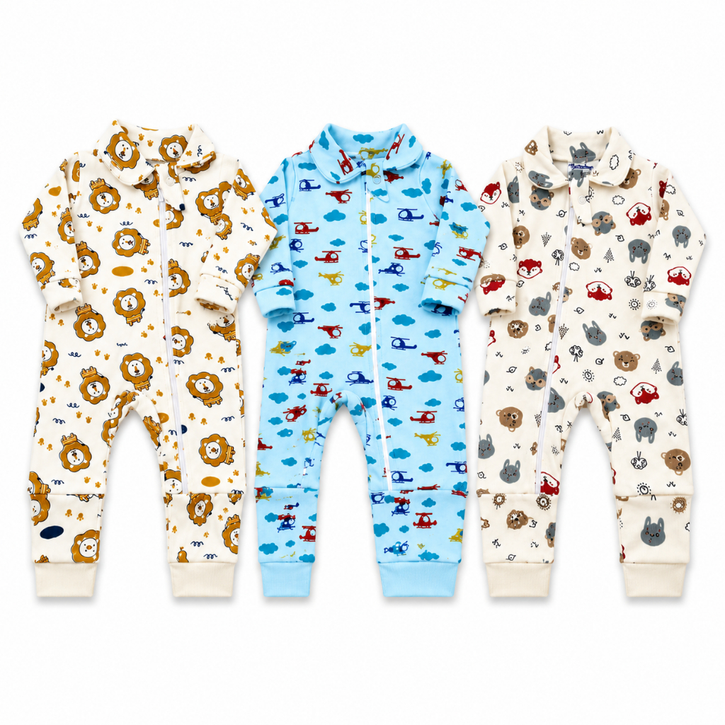 Kit 3 Macacão Longo Para Bebê Estampado C/Zíper 100% Algodão Menino Menina RN P M G — foto 3