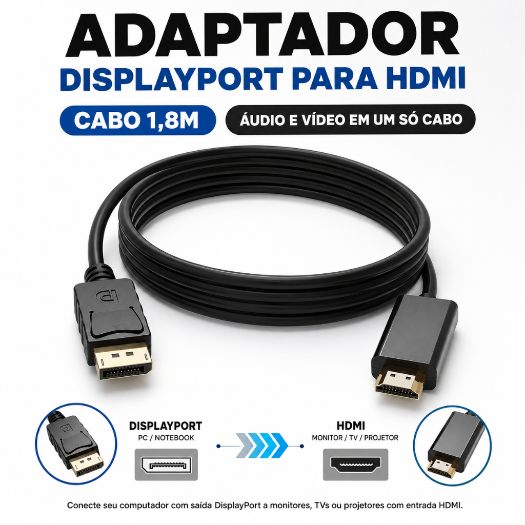 Cabo Displayport Para Hdmi 4k 1,8m Adaptador Pc Tv Note