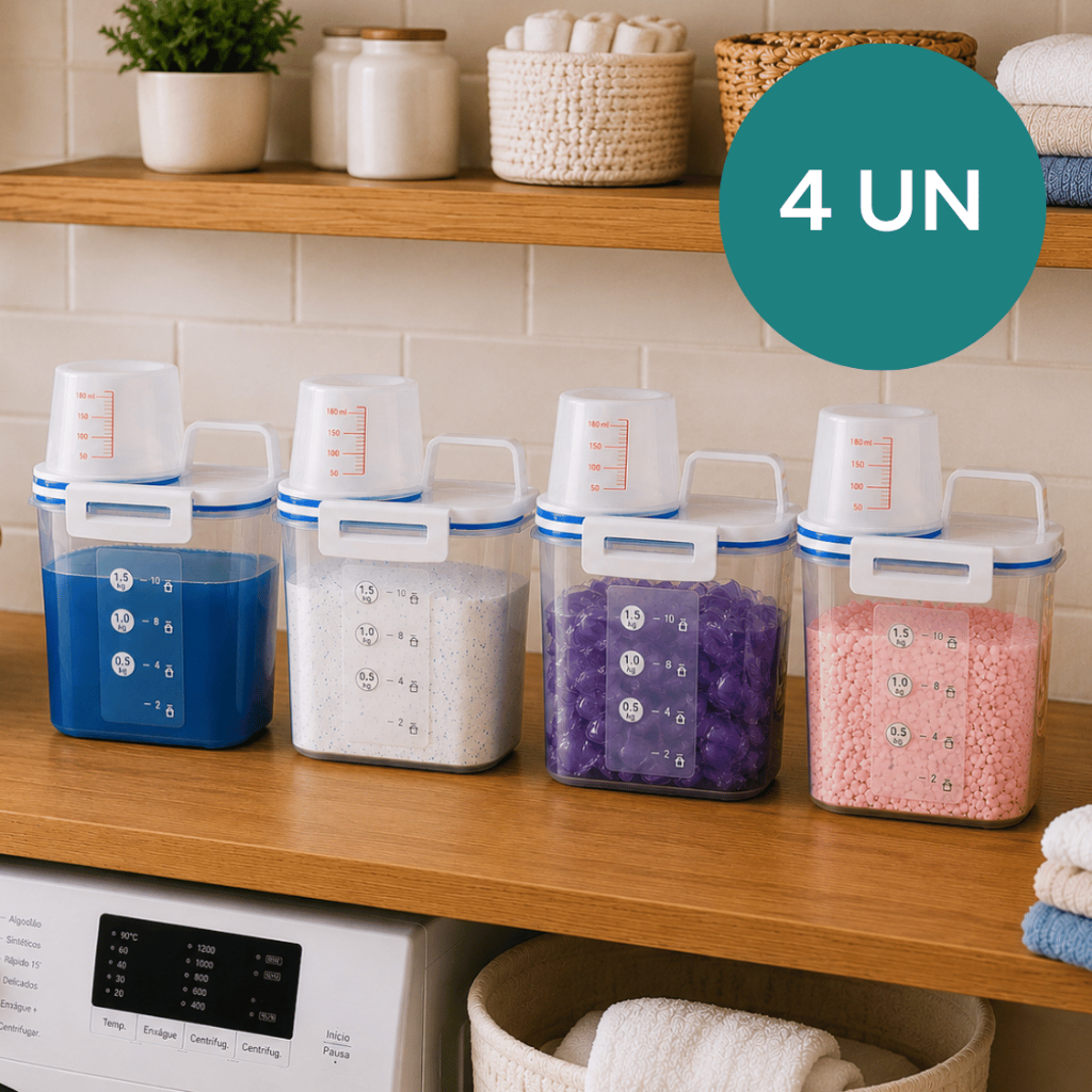 Kit 4 Potes Hermético 1,5 L Com Bico Dosador Medidor Porta Sabão em Pó /Sabão Líquido/ Amaciante Lavanderia Organizador