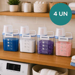 - Kit 4 Potes Hermético 1,5L Com Bico Dosador Medidor Porta Sabão em Pó /Sabão Líquido/ Amaciante Lavanderia Organizador