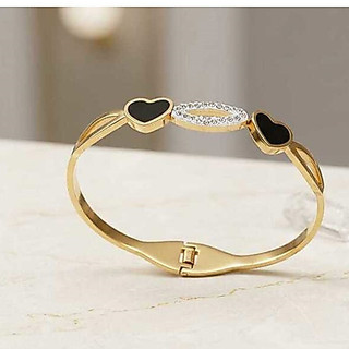 Bracelete Feminino Dourado Coração Preto e Strass - Elegância e Sofisticação