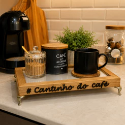 BANDEJA CANTINHO DO CAFÉ COM PÉS DE METAL E ESPELHO 20X30cm
