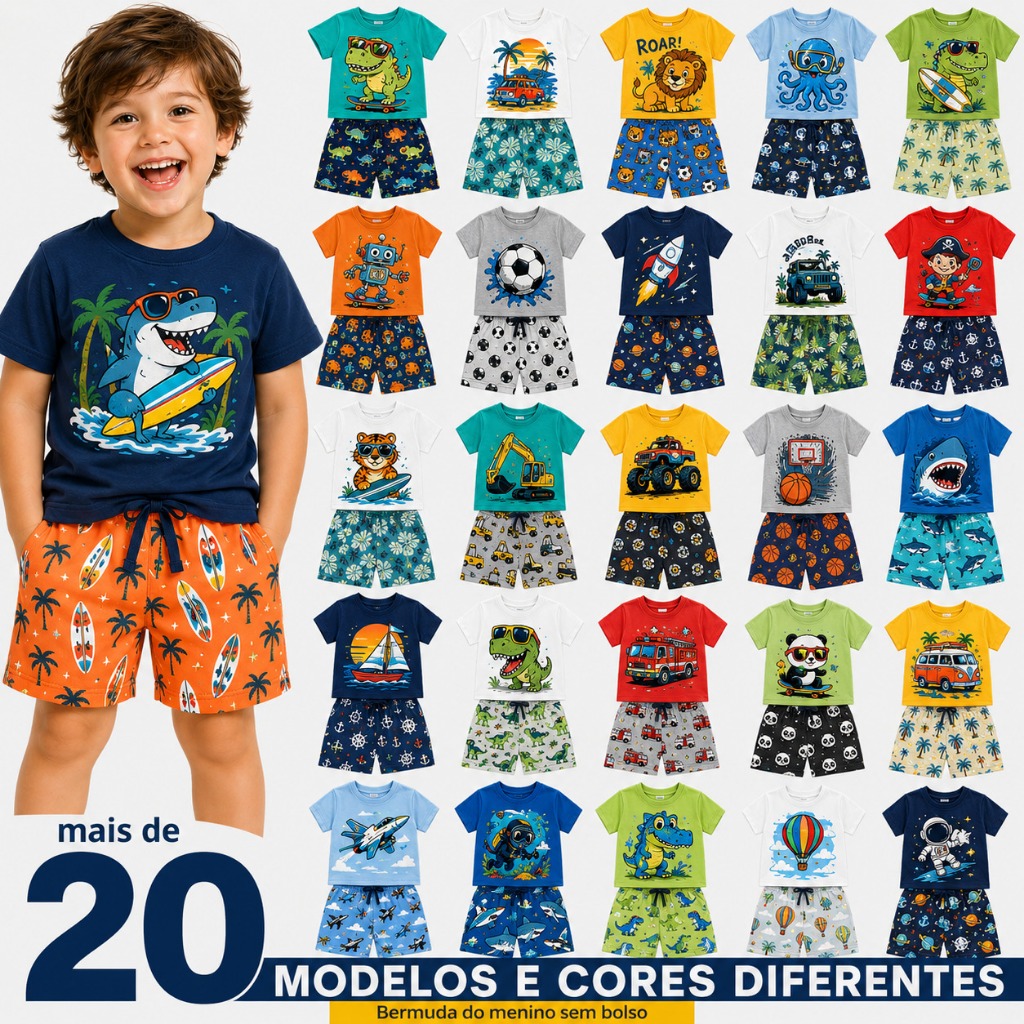 Kit 4 Peças Roupa Infantil Menino Verão - 2 Conjuntos Tam 2 ao 8 Conjunto Masculino Criança Pronta Entrega