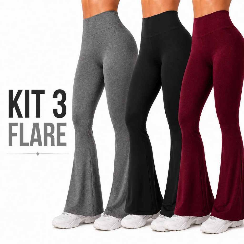 KIT 3 Calças Legging FLARE Bailarina Boca de Sino Grossa Fitness Academia Zero Transparência