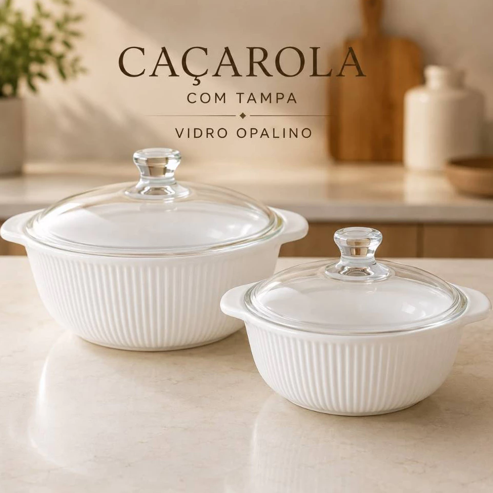 Caçarola/Tigela com Tampa Vidro Opalino Wolff 1L e 1,5L Branca Alto Relevo Canelado Servir Mesa Posta e Armazenar — imagem 1