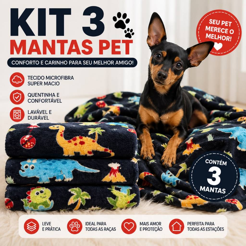 Kit 3 Mantas Pet Soft Cachorro e Gato 80x60 Cobertor Fleece Macio Lavável