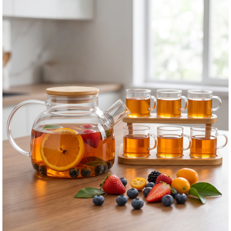 Chaleira e Xícaras de Vidro Borosilicato com Tampa Coador Inox 1L Resistente ao Fogo