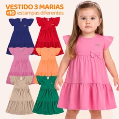 Kit 1, 3 ou 4 Vestido Infantil Bebê Menina Verão Três Marias 100% Algodão Com Laço Feminino