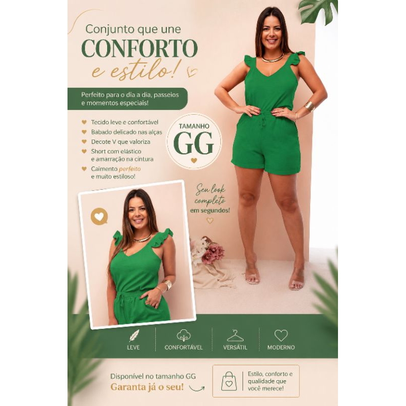 Macaquinho Feminino GG Plus Size Alça com Babado Short Soltinho Confortável Casual Verde