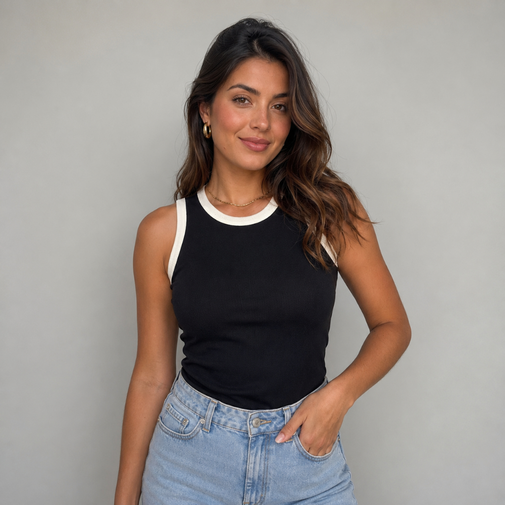 Regata Feminina Canelada Duo Color Malha Ribana Básica Versátil Preta e Branca Casual