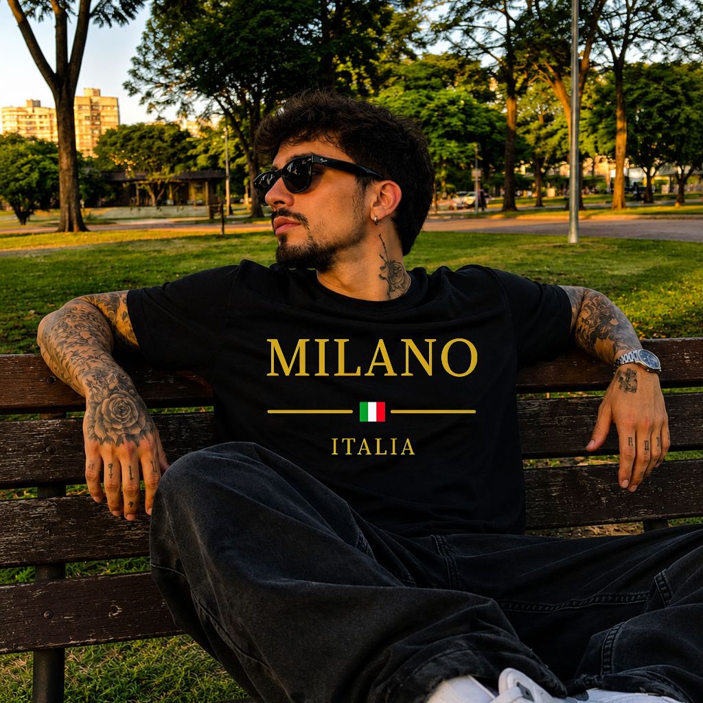 Camiseta Básica Masculina Estampada Milano Itália 100% Algodão Casual Premium