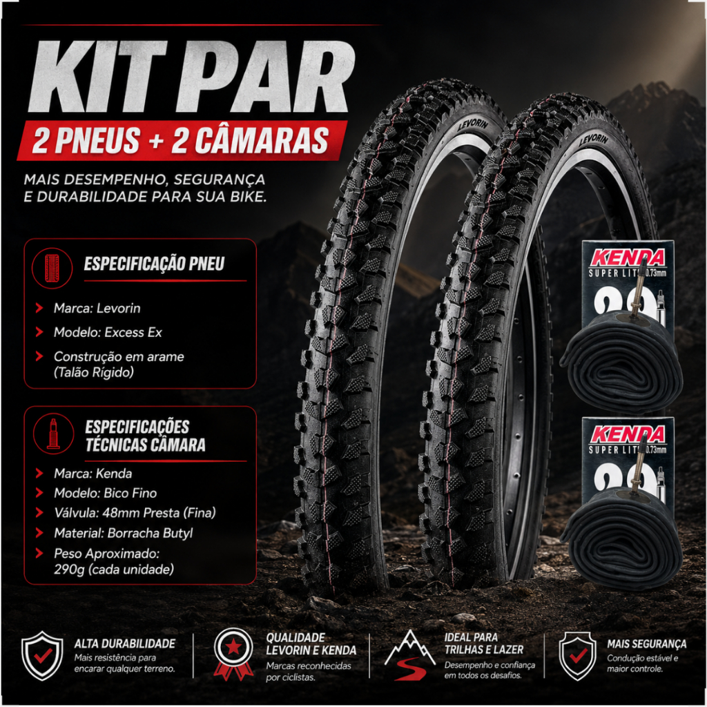 Par Pneu bicicleta Levorin Excess aro 29 x 2.20 Cravudo banda leve + 2 Camara Kenda bico fino 48mm