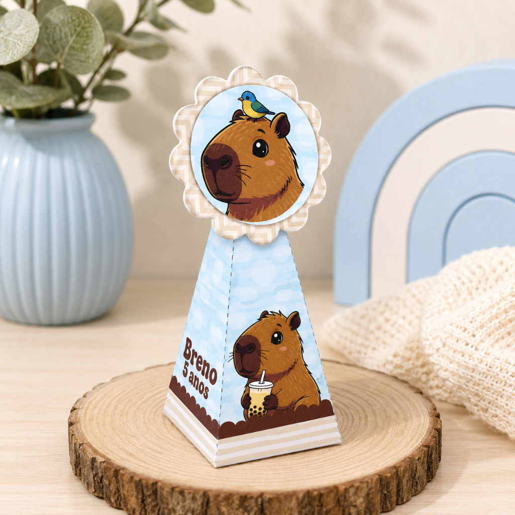 Caixinha Pirâmide Capivara Azul Personalizada Nome e Idade Lembrancinha Festa Infantil
