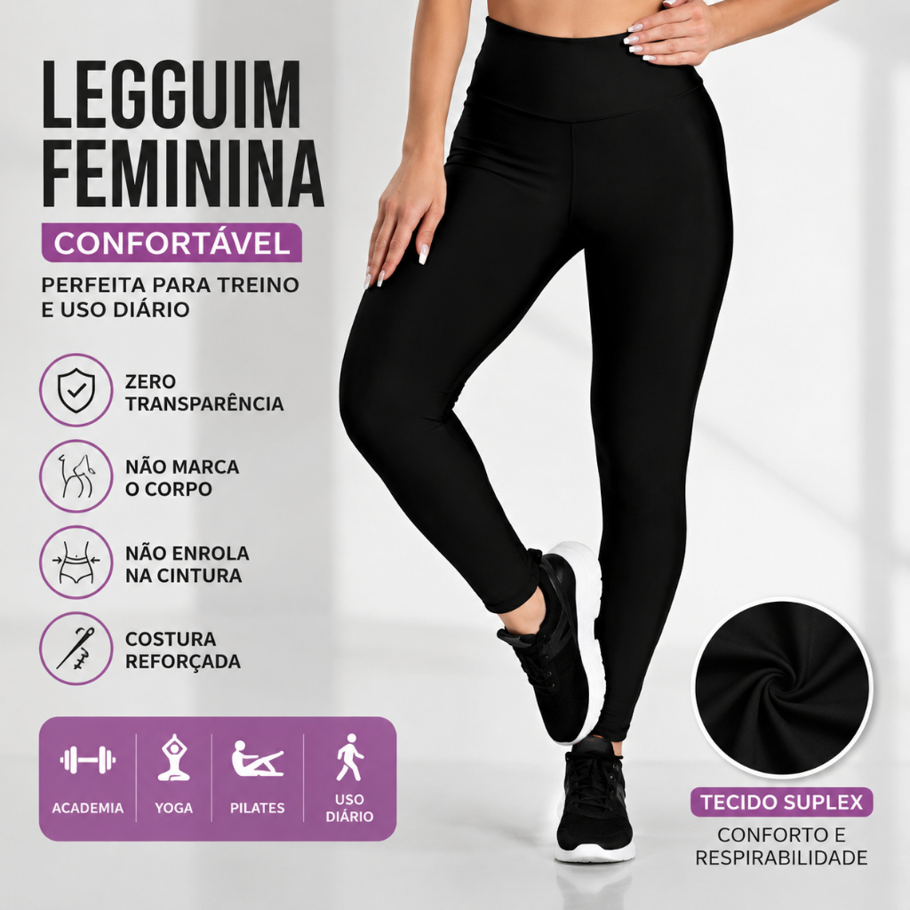 Calça Legging Feminina Suplex Cintura Alta Zero Transparência Confortável Academia Treino Preto