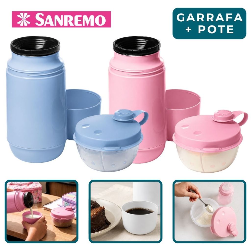 Kit Garrafa Térmica e Pote Leite em Pó Sanremo Viagem Passeio Bebê Infantil