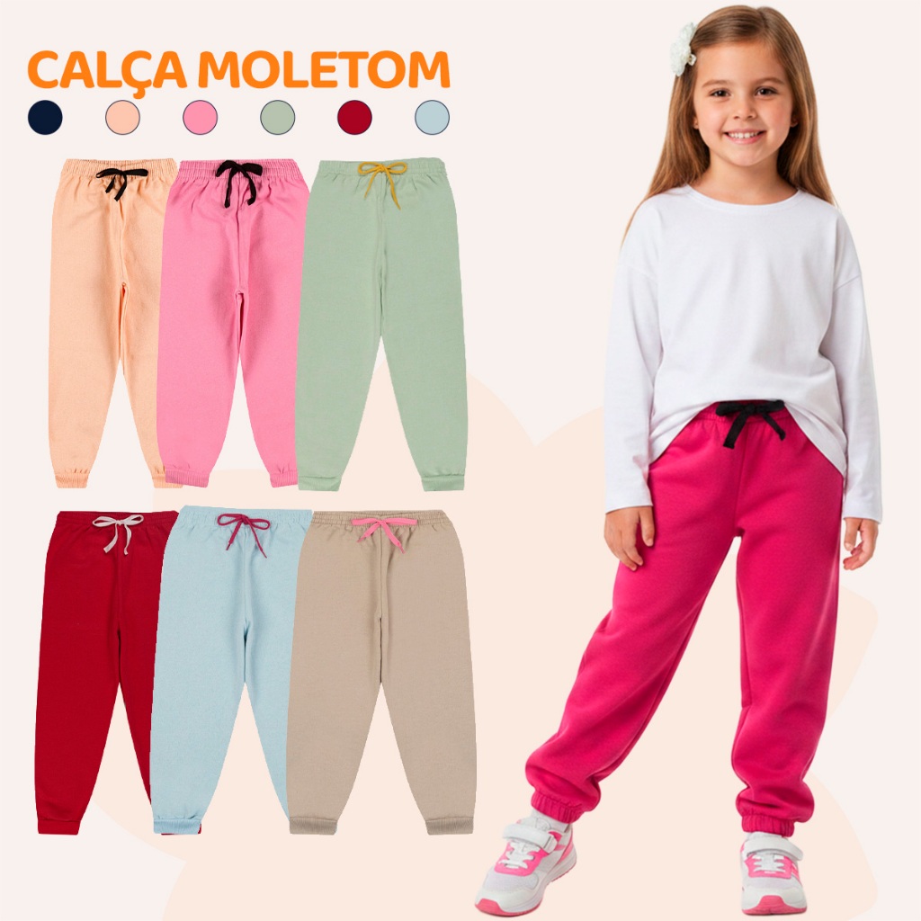 Kit Infantil 3 ou 5 Calças de Moletom Peluciado Menina Feminino Tamanho 1 ao 10 Para Inverno Frio