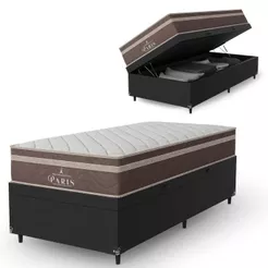 Cama Box Baú Solteiro Couro Preto + Colchão Paris Molas Ensacadas Marrom - e-Shop Casa