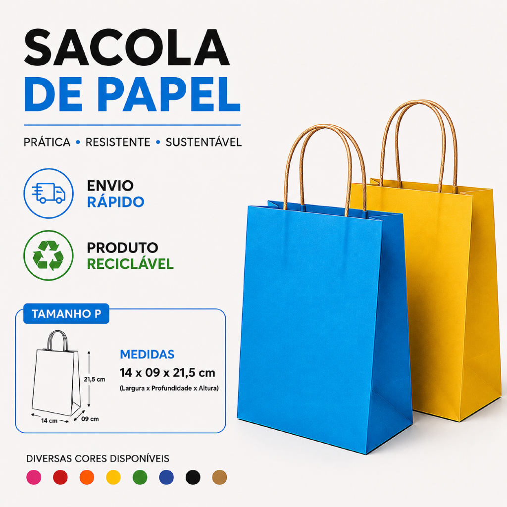 Sacola de papel colorida P (14x21,5x9) ALÇA KRAFT