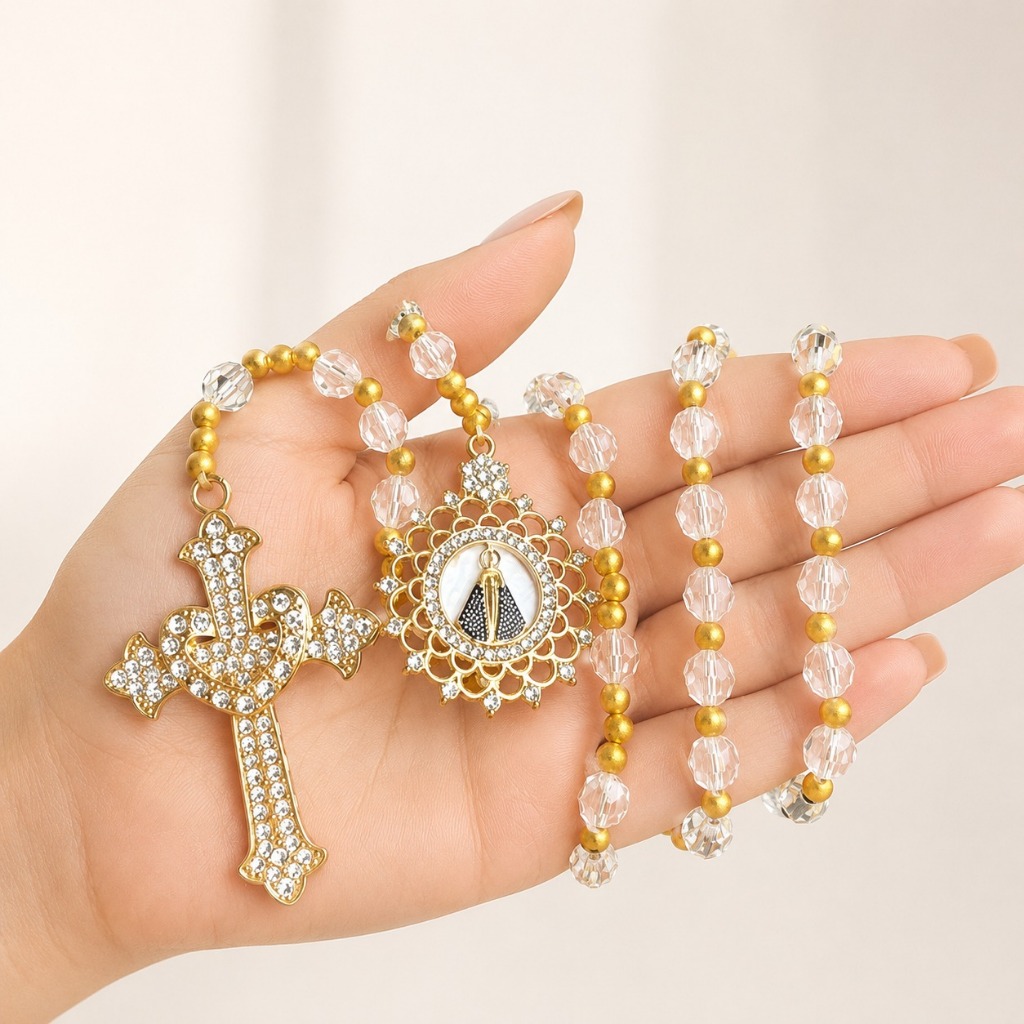 Terço Nossa Senhora Aparecida de Cristal 10mm para Noiva Casamento Luxo